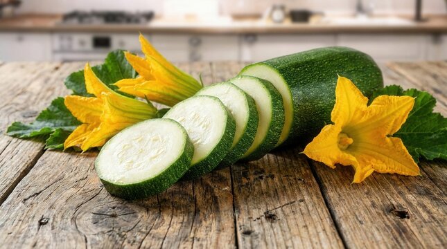 Fresh zucchini with slices and zucchini flowers on a wooden table.