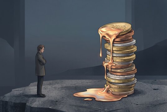 A person is looking at a tall stack of coins in a dim setting. Liquid gold is flowing down from the coins. This scene represents ideas related to wealth and finance