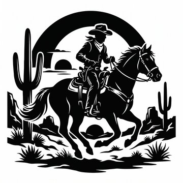 Cowboy Riding Horse Silhouette Vector Illustration, Equestrian Rider Galloping on Stallion, Western Rodeo Sport, Wild Animal and Farm Horse Isolated Design