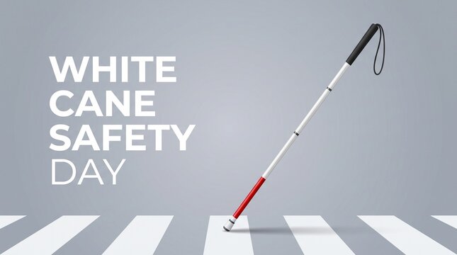 White Cane Safety Day banner, blind person walking stick on pedestrian crosswalk, visual impairment awareness and accessibility concept