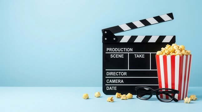 Side view of a table scene with clapperboard, striped popcorn box, and 3D glasses against a light blue wall for movie debut excitement.