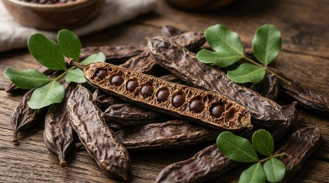 Carob pods and carob beans on a wooden table.