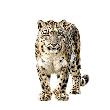 Snow leopard with spotted fur walks forward on a white background