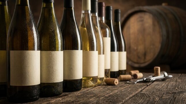 A row of wine bottles next to an oak wine keg.