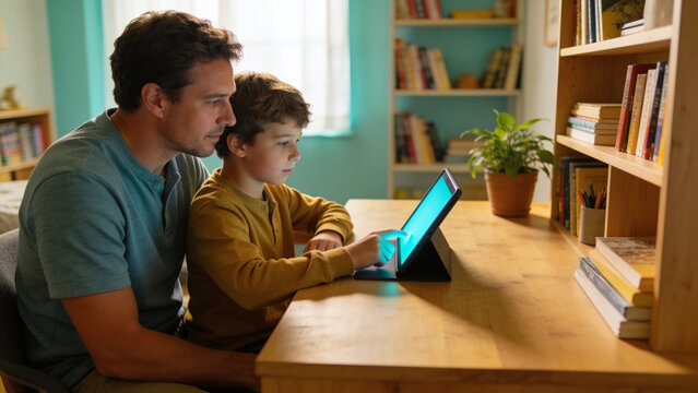 Attentive adult supervising a kid during screen time
