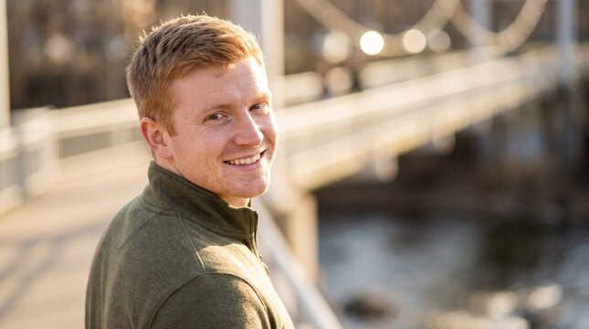 Scottish American Man Sandy Red Hair Freckles Bridge Overlook Copy Space
