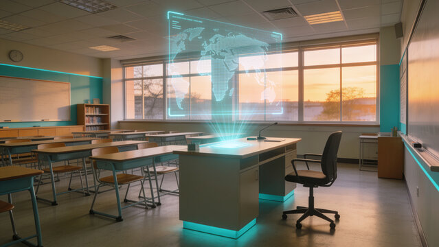Modern school room with a glowing hologram and no people