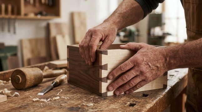 Woodworker assembling a dovetail joint on a wooden box