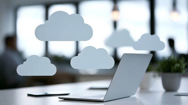 Modern office workspace with laptop and stylized cloud graphics floating above the desk  suggesting cloud computing or digital connectivity