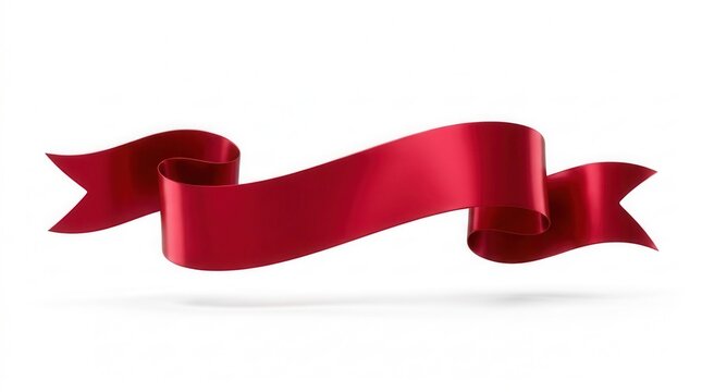 Elegant ruby red satin ribbon banner with silk curves isolated on white for promotional web headers, award certificates, and festive holiday sales