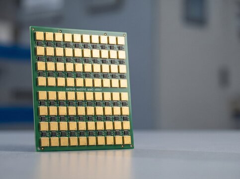 Close up of a 64T64R massive MIMO active antenna planar array with gold plated patch elements on green circuit board for 5G telecommunication technology
