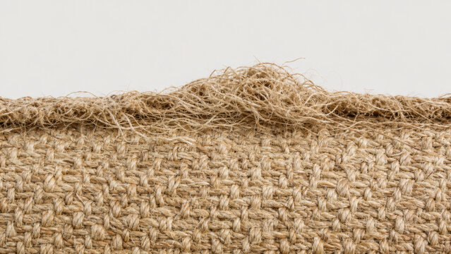 Close-up of rough woven jute burlap fabric texture with frayed edges and loose generated using ai