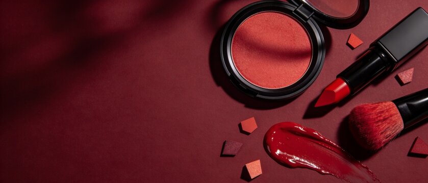 Elegant red makeup products flat lay with lipstick, blush, and brush