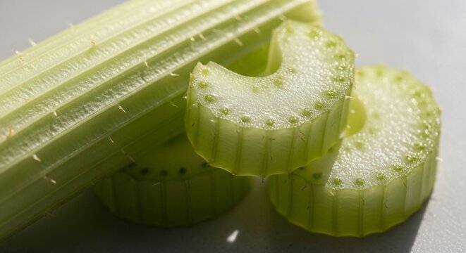 Fresh Green Celery Stalk and Slices Close Up