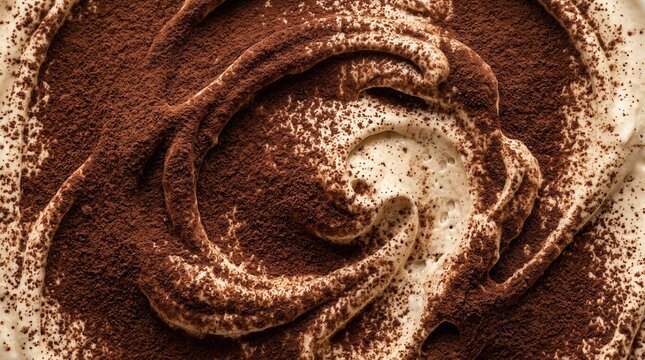Abstract tiramisu layers with creamy seamless texture and cocoa powder.