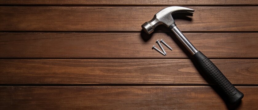 A claw hammer and nails resting on a dark wooden surface