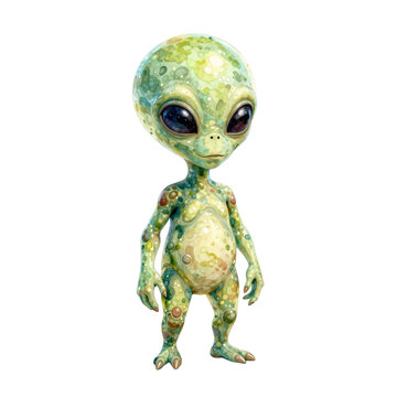 A small, light green alien with large dark eyes and a playful expression stands on a white background