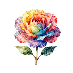 Obraz premium Watercolor rainbow rose with colorful petals and green leaves on a white background