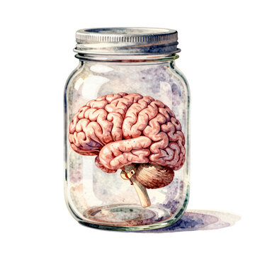 Human brain preserved in a glass jar with lid on white background