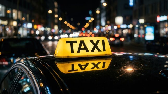 Illuminated taxi sign on car roof against night city lights