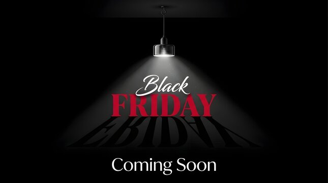 Black friday coming soon announcement with red text illuminated by a hanging ceiling lamp spotlight in a dark room