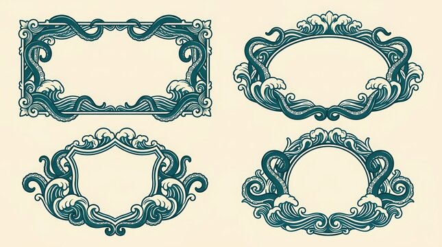 Vintage oceanic decorative frames feature swirling sea waves and nautical scrollwork patterns designed for creative invitation cards borders and classical maritime signage displays for diverse