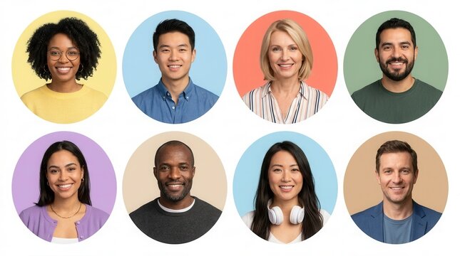 Diverse smiling multiracial men and women in round user avatar portraits on colorful pastel backgrounds for app design and team pages.