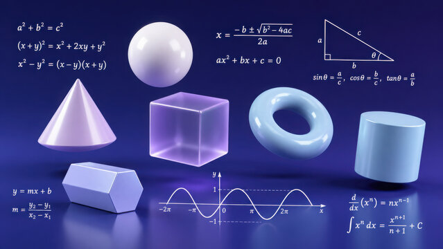 3D geometric shapes including sphere, cube, cone, and torus floating with math generated using ai