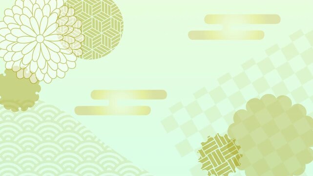 Japanese traditional background looping animation with rotating geometric patterns and moving floating clouds in pale green
