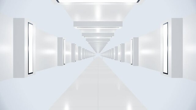 Bright minimalist hallway with liminal infinite perspective and symmetry. 4K Video 3D Render