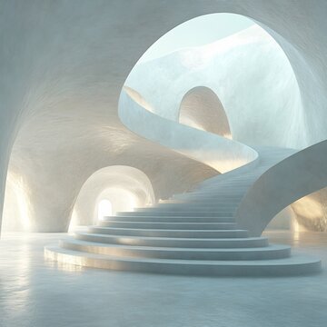 Surreal white organic interior with a sweeping spiral staircase and soft diffused light openings