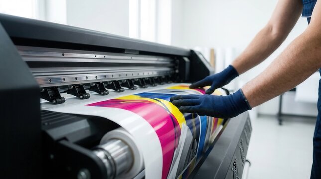 Worker operating a wide format plotter printing colorful advertising