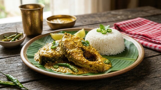 Traditional Bengali Shorshe Ilish mustard hilsa fish curry served with rice.
