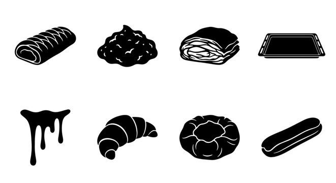 Bakery Icons Set: Croissant, Eclair, Pastry, Doughnuts, Chocolate Drizzle, Baking Tray, Vector Graphics