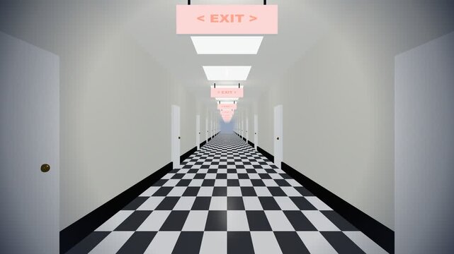 Camera moving through infinite surreal checkered corridor. 4K Video 3D Render