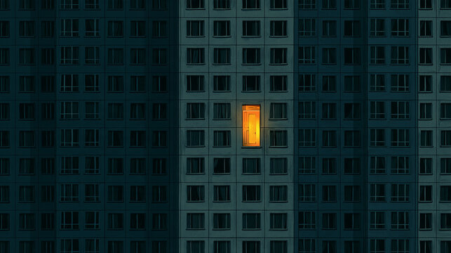 One lit door in dark high-rise apartment building at night