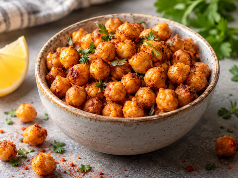 Spiced roasted chickpeas with lemon and fresh herbs in ceramic bowl