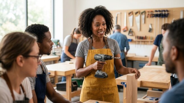 A diverse team learning woodworking skills in a professional workshop