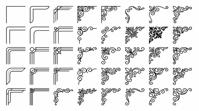 Set of classic decorative corner accents featuring geometric lines and ornate floral flourishes for framing certificates diplomas invitations or paper projects needing a touch of vintage