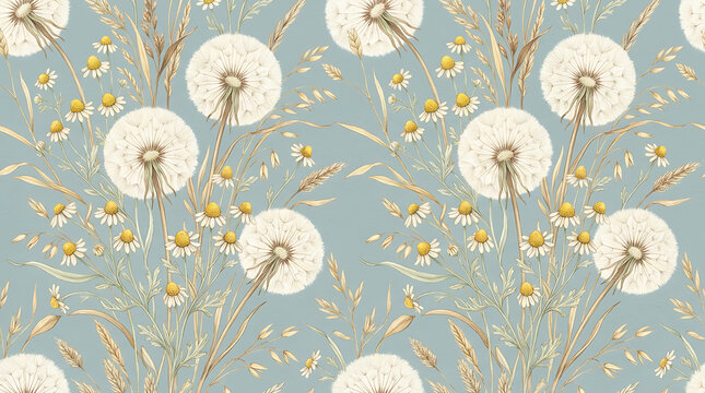 Repeating botanical pattern of dandelion and chamomile flowers on soft pastel background