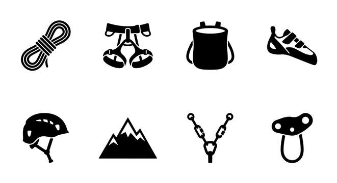 Climbing Gear Icons Set, Rock Climbing Equipment Vector Graphics, Mountain Adventure Symbols