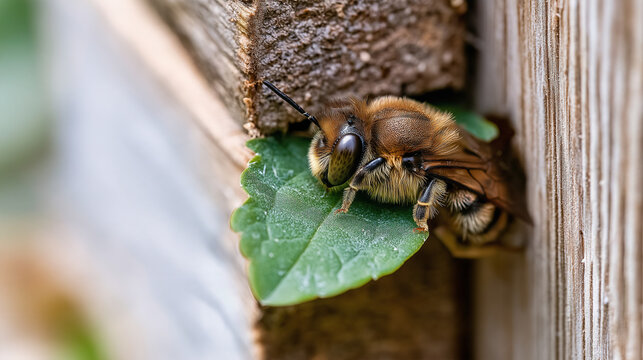 Brown bee resting on green leaf near wooden structure