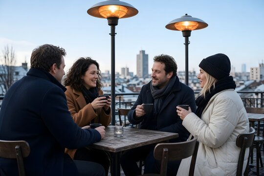 Heated outdoor cafe seating on a cold clear day