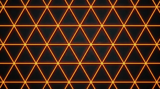 Futuristic glowing orange triangle grid pattern on dark background. Ideal for technology backgrounds and digital sci-fi designs.
