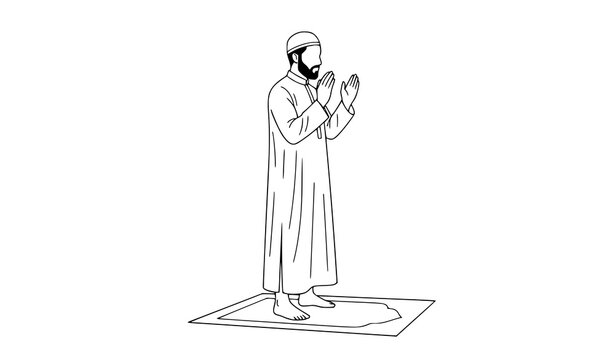 Muslim Man Praying Outline Sketch Islamic Line Art Vector