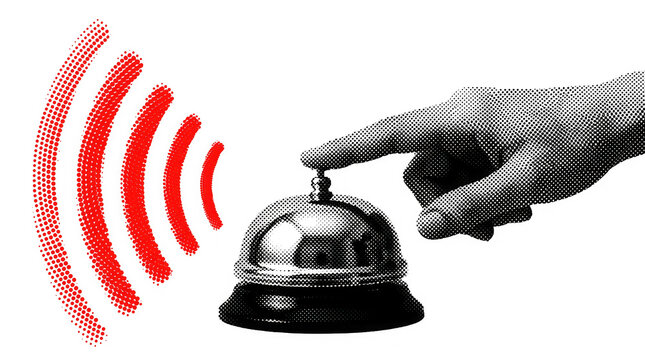 A human hand presses a metal service bell with red halftone sound waves radiating outward with presses down metallic waves emitting device grayscale hand metallic desk communication notification