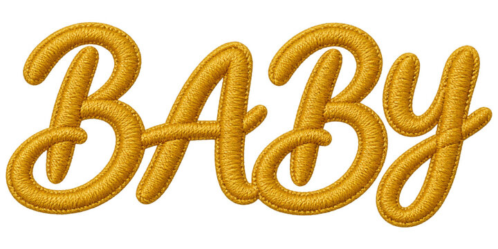 Golden embroidered baby text in a cursive script font isolated on a clean white background