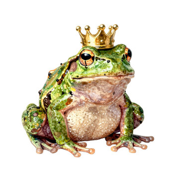Green frog wearing a golden crown sits on a white background