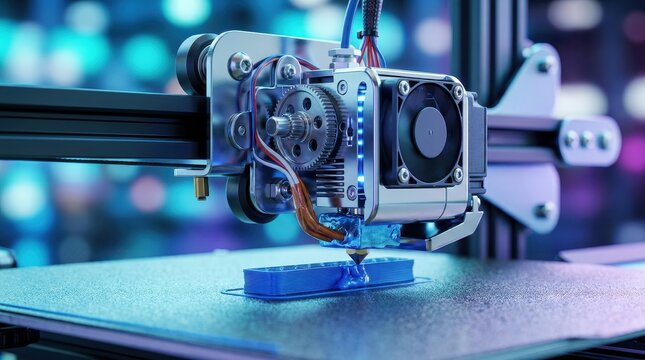 A 3D printer extruding blue plastic filament in a brightly lit workshop. Advanced manufacturing concept for industrial technology advertisements.