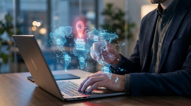 Businessman using laptop with global store locator and digital map technology interface for international retail expansion and e commerce strategy